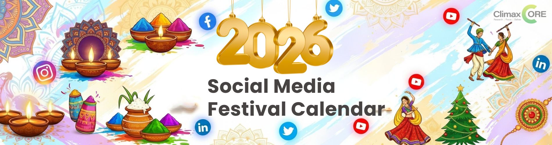 2026 social media festival calendar banner, indian festival illustrations, marketing schedule design banner
